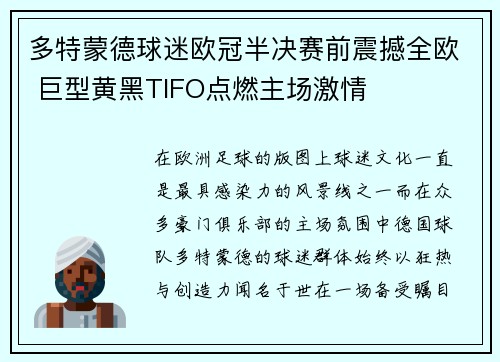 多特蒙德球迷欧冠半决赛前震撼全欧 巨型黄黑TIFO点燃主场激情