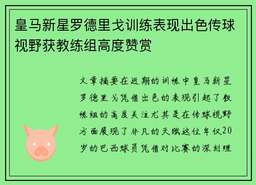 皇马新星罗德里戈训练表现出色传球视野获教练组高度赞赏